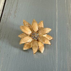 Flower Power Vintage Brooch Gold Tone Beige Enamels Sparkly Rhinestones